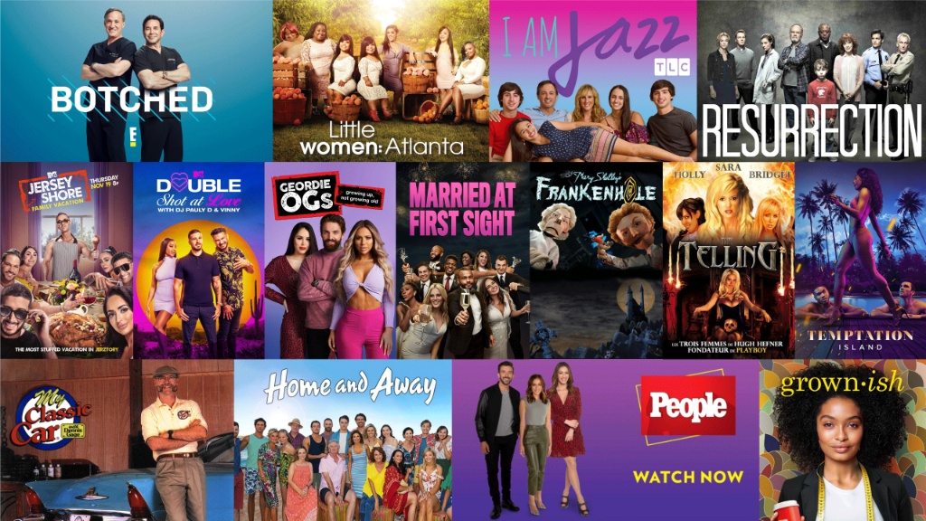 Collage of TV shows and streaming series featuring Kris Bradley's music, including Botched, Little Women: Atlanta, I Am Jazz, Resurrection, Jersey Shore Family Vacation, Double Shot at Love, Geordie OGs, Married at First Sight, Mary Shelley's Frankenhole, The Telling, Temptation Island, My Classic Car, Home and Away, People magazine, and grown-ish.
